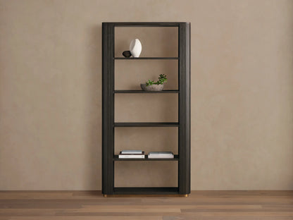 Finnley Bookcase, dark ebony oak veneer, with fluted sides, 5 open shelves displaying a vase, plant, and books, on brass feet.
