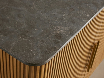 Finnley Plinth Sideboard with open cabinet doors, showing shelves; features vertical ridged wood design and brass handles.