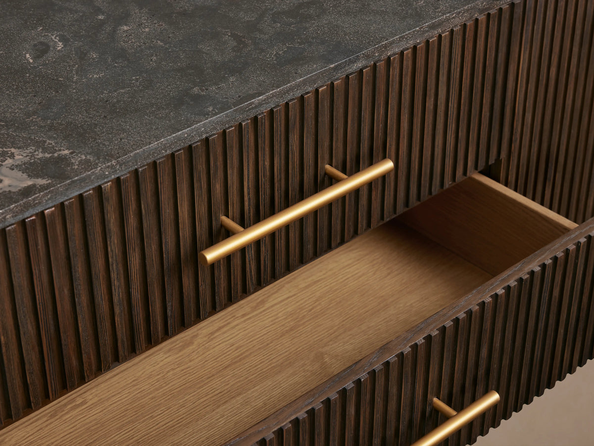 Finnley Sideboard in dark wood with three central drawers, two open cabinet doors revealing shelves, and brass handles.