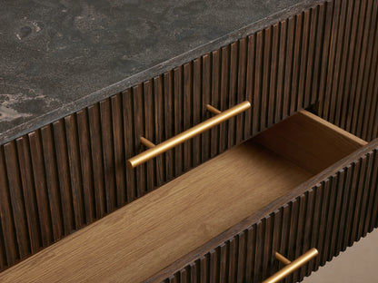 Finnley Sideboard in dark wood with three central drawers, two open cabinet doors revealing shelves, and brass handles.