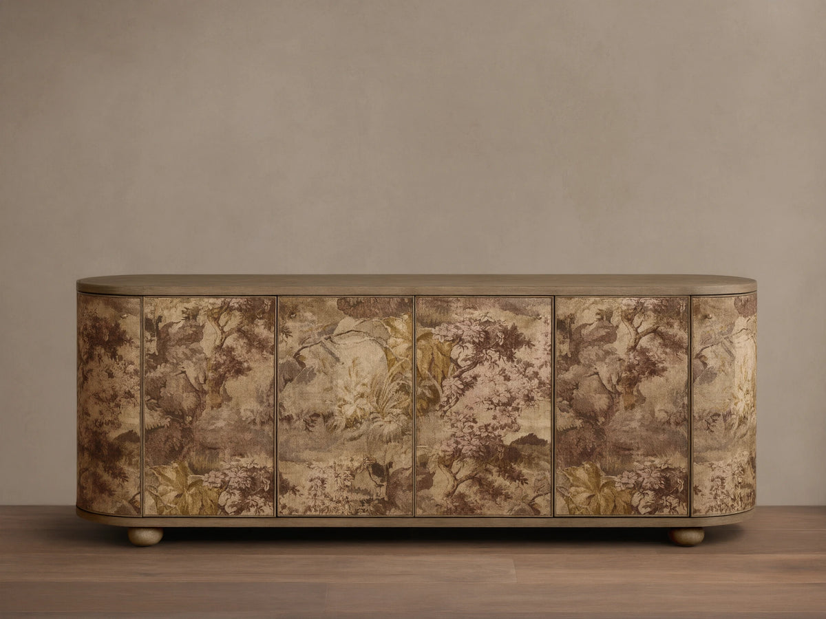 Front view of Fresca Six-Door Sideboard, light wood, six curved doors with brown, beige, green nature-inspired linen pattern.