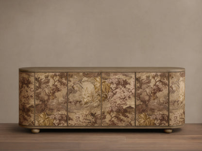 Front view of Fresca Six-Door Sideboard, light wood, six curved doors with brown, beige, green nature-inspired linen pattern.