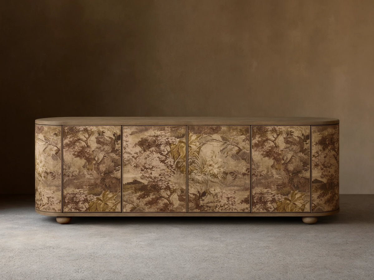 Front view of Fresca Six-Door Sideboard, light wood, six curved doors with brown, beige, green nature-inspired linen pattern.