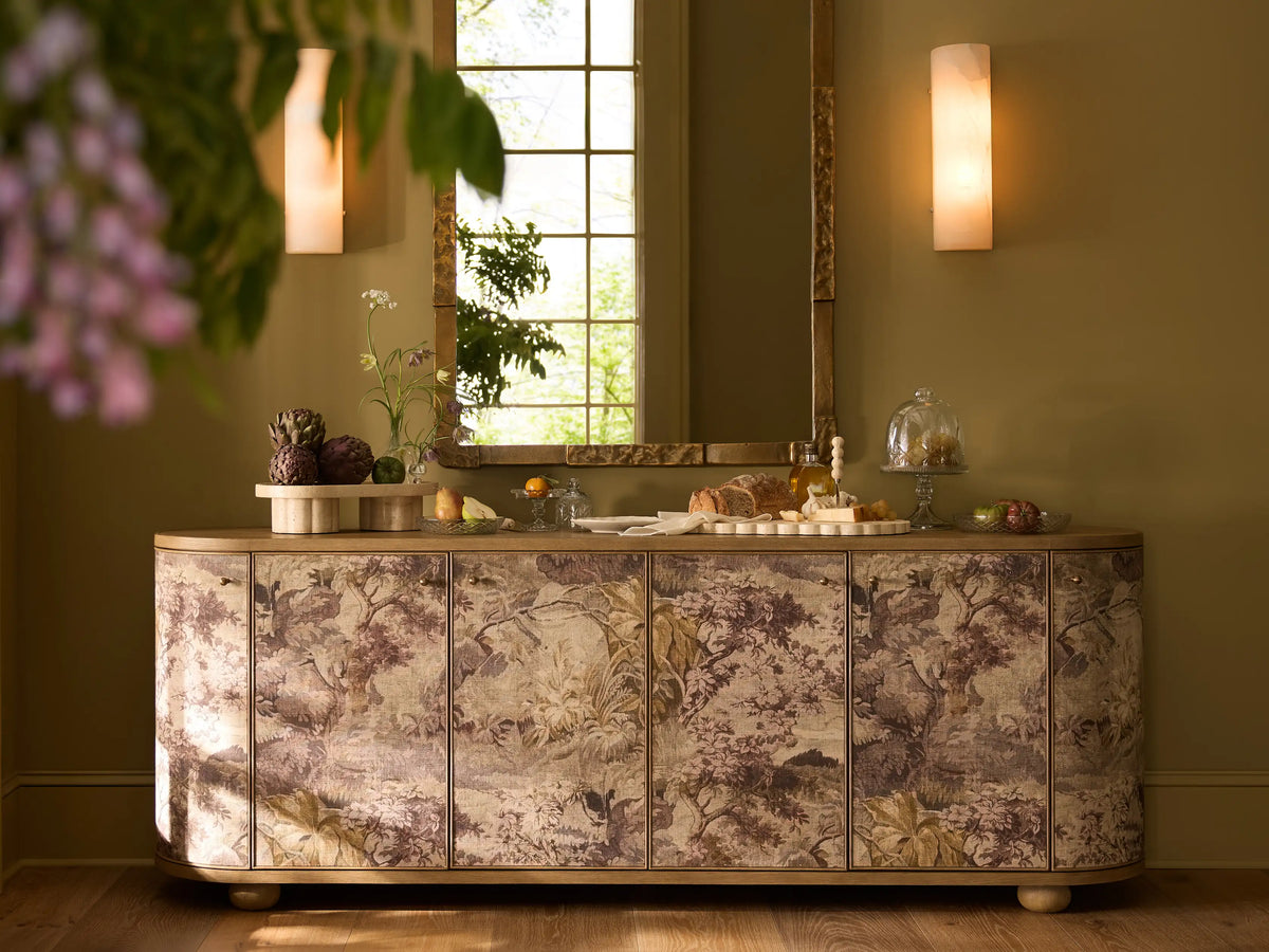 Front view of Fresca Six-Door Sideboard, light wood, six curved doors with brown, beige, green nature-inspired linen pattern.