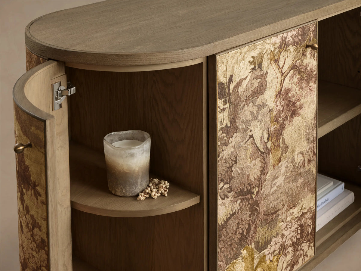 Front-side view of Fresca Six-Door Sideboard with curved ends, bun feet, and brown/beige nature-inspired linen motifs. Right door open.