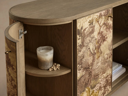 Front-side view of Fresca Six-Door Sideboard with curved ends, bun feet, and brown/beige nature-inspired linen motifs. Right door open.