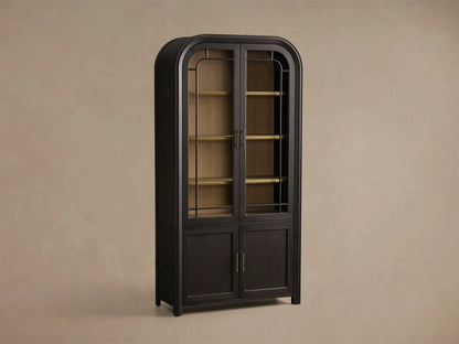 Front view of the Eclipse Gatlin Glass Cabinet, with an arched top, glass doors, and two lower solid doors, all featuring antique brass pulls.