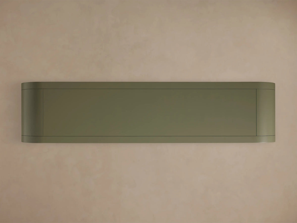 Front view of a sage green Gatlin Sideboard with four tempered glass doors, brass handles, and wooden shelves.