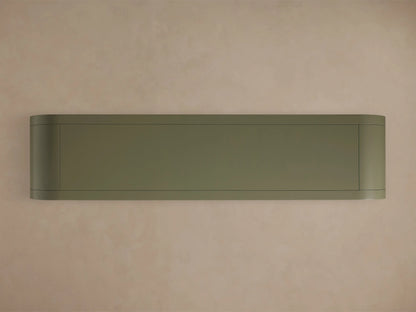 Front view of a sage green Gatlin Sideboard with four tempered glass doors, brass handles, and wooden shelves.