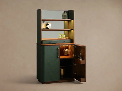 Front view of the Forest Green Grant Bar Cabinet with walnut wood trim, open door showing lit interior, glass and bottle storage.