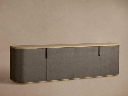 Harrow Media Console: Gray-brown faux shagreen console with light oak top, rounded corners, 4 doors, and bronze handles.