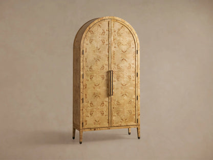 Open Hattie Burl Cabinet in light oak finish, displaying five shelves with decor items. Arched top, exposed hinges, reeded hardware.