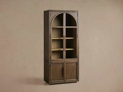 Hattie Squared Glass Cabinet, dark brown oak. Arched glass top doors, solid bottom doors, light interior shelves, reeded hardware.