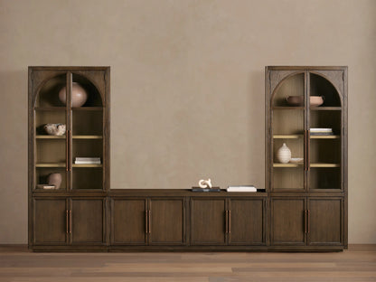 Hattie Glass Media Cabinet: A long, dark brown wood media system with two tall arched glass-door cabinets and lower solid wood cabinets.