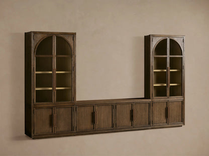 Hattie Glass Media Cabinet: A long, dark brown wood media system with two tall arched glass-door cabinets and lower solid wood cabinets.