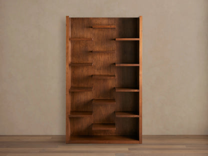 James Bookcase with walnut finish, featuring 13 asymmetrically arranged floating shelves, displayed against a neutral background.