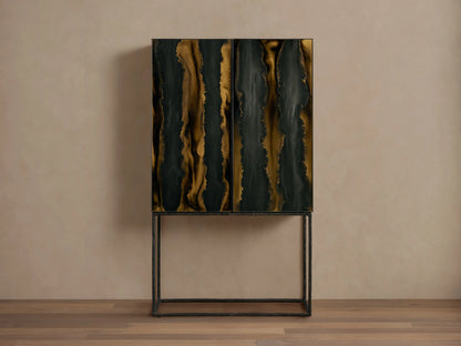 Mareta Bar Cabinet with black and gold marbled vertical wave patterns on doors, standing on a sleek metal base against a neutral wall.