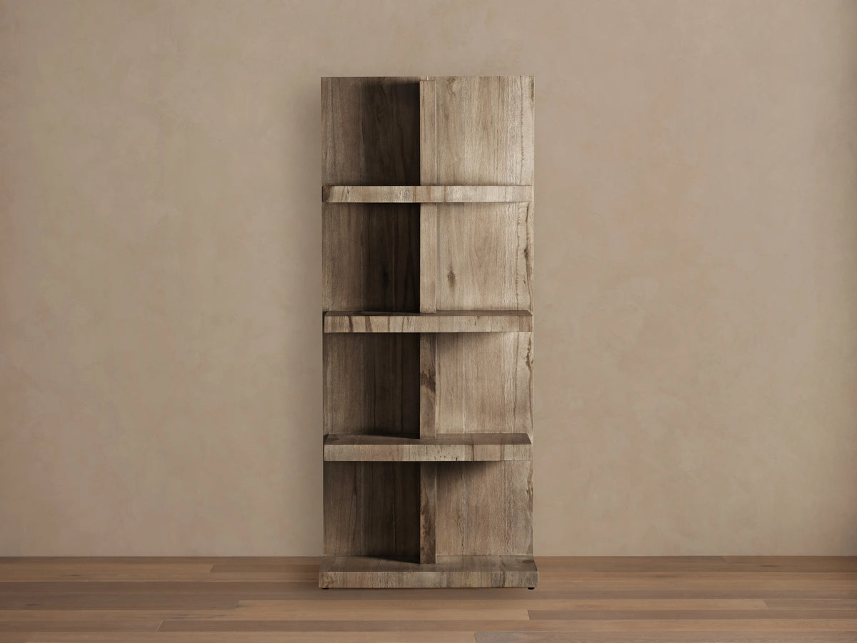 Leandro Bookcase crafted from reclaimed oak, with four open shelves and a weathered appearance on a wooden floor background.