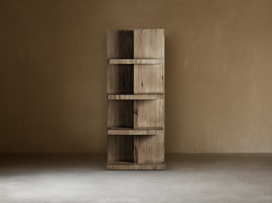Leandro Bookcase crafted from reclaimed oak, with four open shelves and a weathered appearance on a wooden floor background.