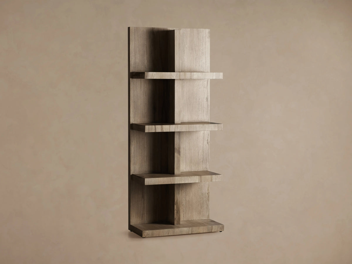 Leandro Bookcase made of reclaimed oak wood, featuring a vertical design with four shelves in a light, natural finish.