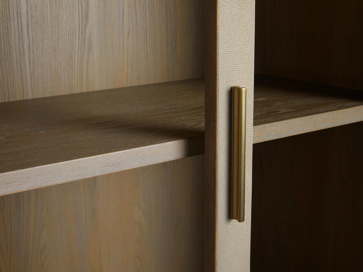 Malone Glass Cabinet: Light wood frame with clear glass doors, dark interior & sides, metallic handles, multiple shelves.