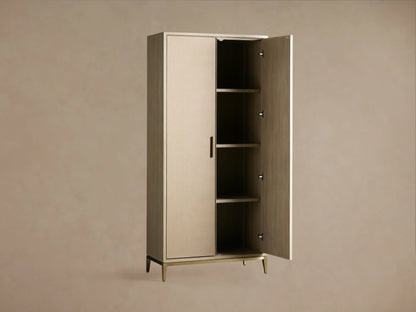 Malone Cabinet in Flemish Natural finish. Tall, two-door cabinet with light textured doors, metallic frame, handles, and base.