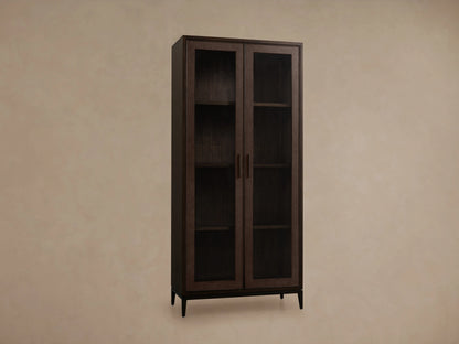 Malone Glass Cabinet corner with dark walnut finish, visible wooden shelf, textured reconstituted leather inset, and sleek metallic handle.