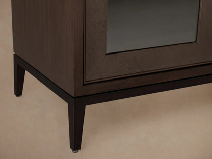 Dark Walnut Malone Sideboard with 4 glass doors, 3 closed, 1 open revealing interior shelves, and a black metal base.