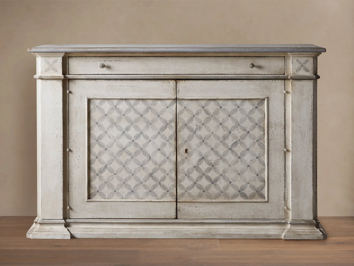 Messina Margherita Bell'Arte Buffet: Distressed antique white wood with gray geometric patterned doors, drawer, gray top.