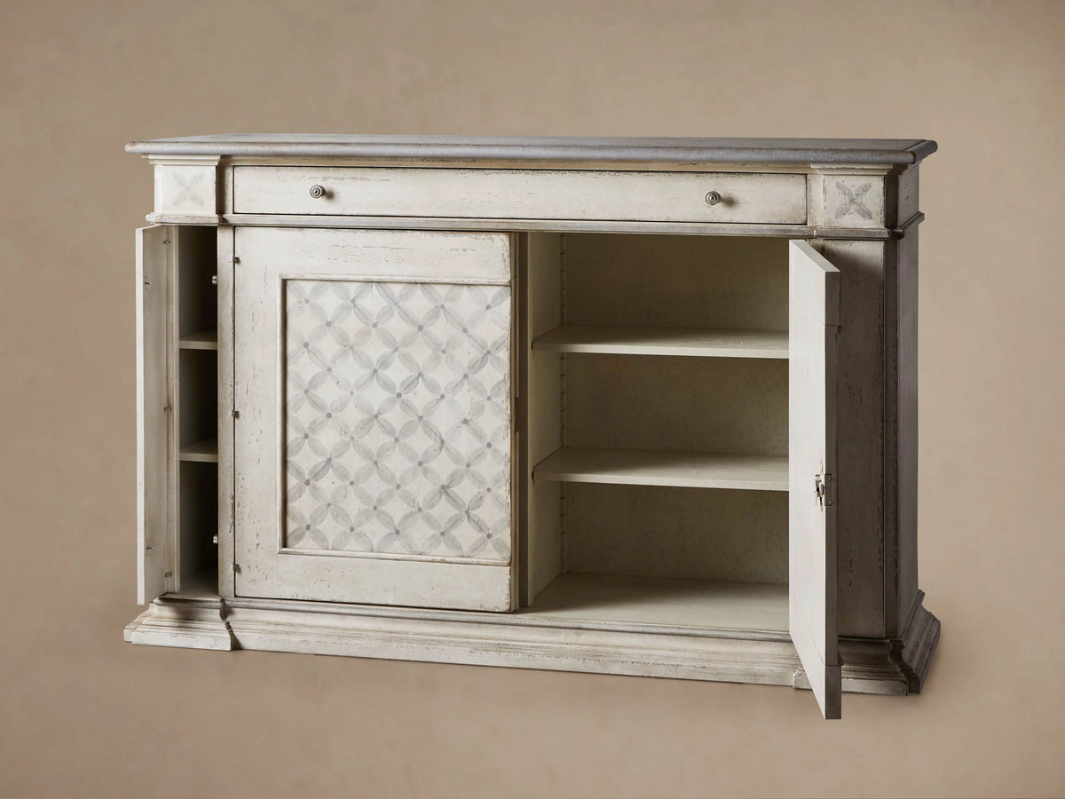 Messina Margherita Bell'Arte Buffet: Distressed antique white wood with gray geometric patterned doors, drawer, gray top.