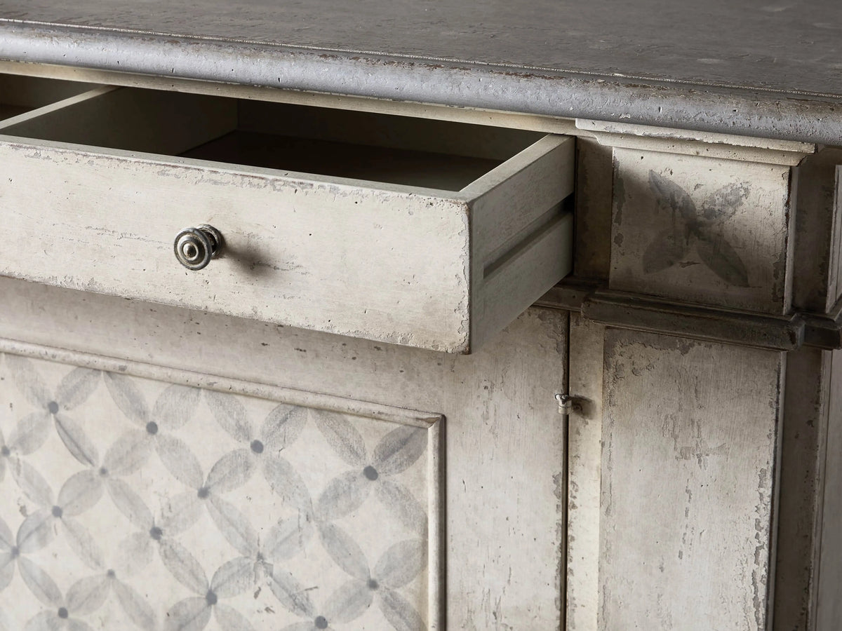 Antique white Messina Margherita Bell'Arte Buffet, distressed, with gray top. Left and right doors open, showing shelves and patterned panel.