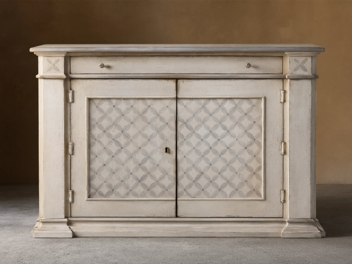 Messina Margherita Bell'Arte Buffet: Distressed antique white wood with gray geometric patterned doors, drawer, gray top.