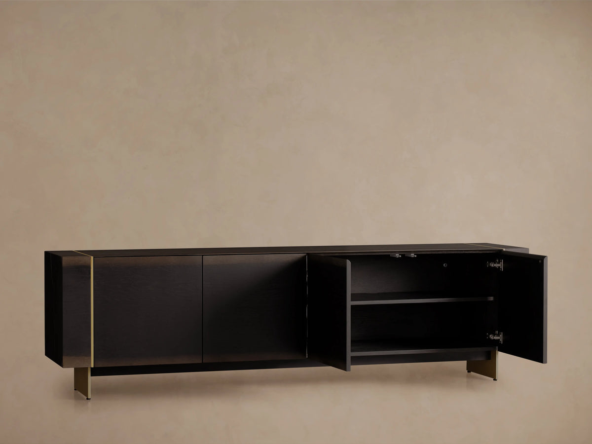 Mihaela Media Console made from dark solid Romanian oak with open doors revealing inner shelves, set on metal legs.