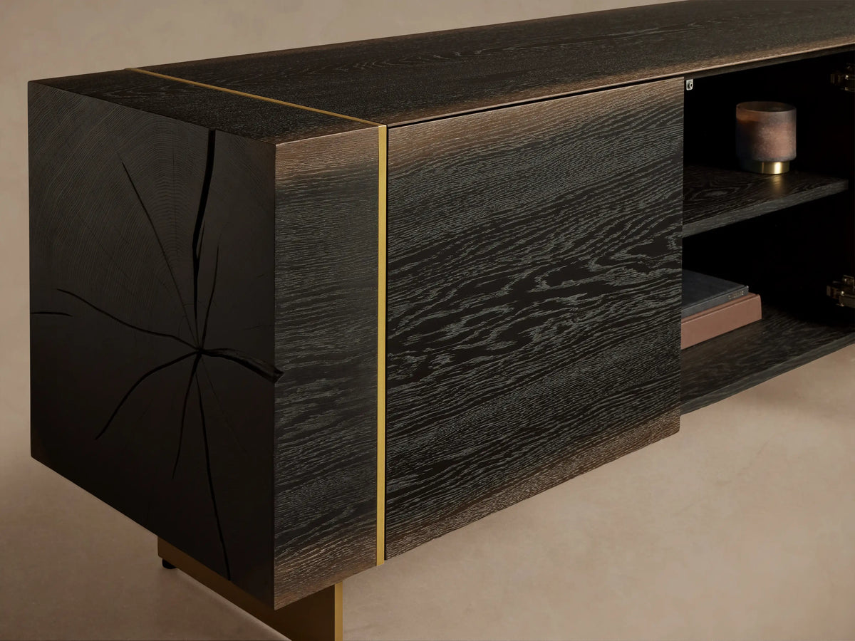 Dark walnut Mihaela Media Console with oil-rubbed bronze accents & metal legs. Right door open, showing interior shelves.