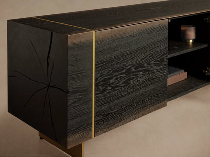 Dark walnut Mihaela Media Console with oil-rubbed bronze accents & metal legs. Right door open, showing interior shelves.