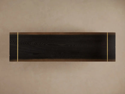 Dark walnut Mihaela Media Console with unique radial end grain, gold trim, open cabinet revealing shelves & decor, on golden metal legs.