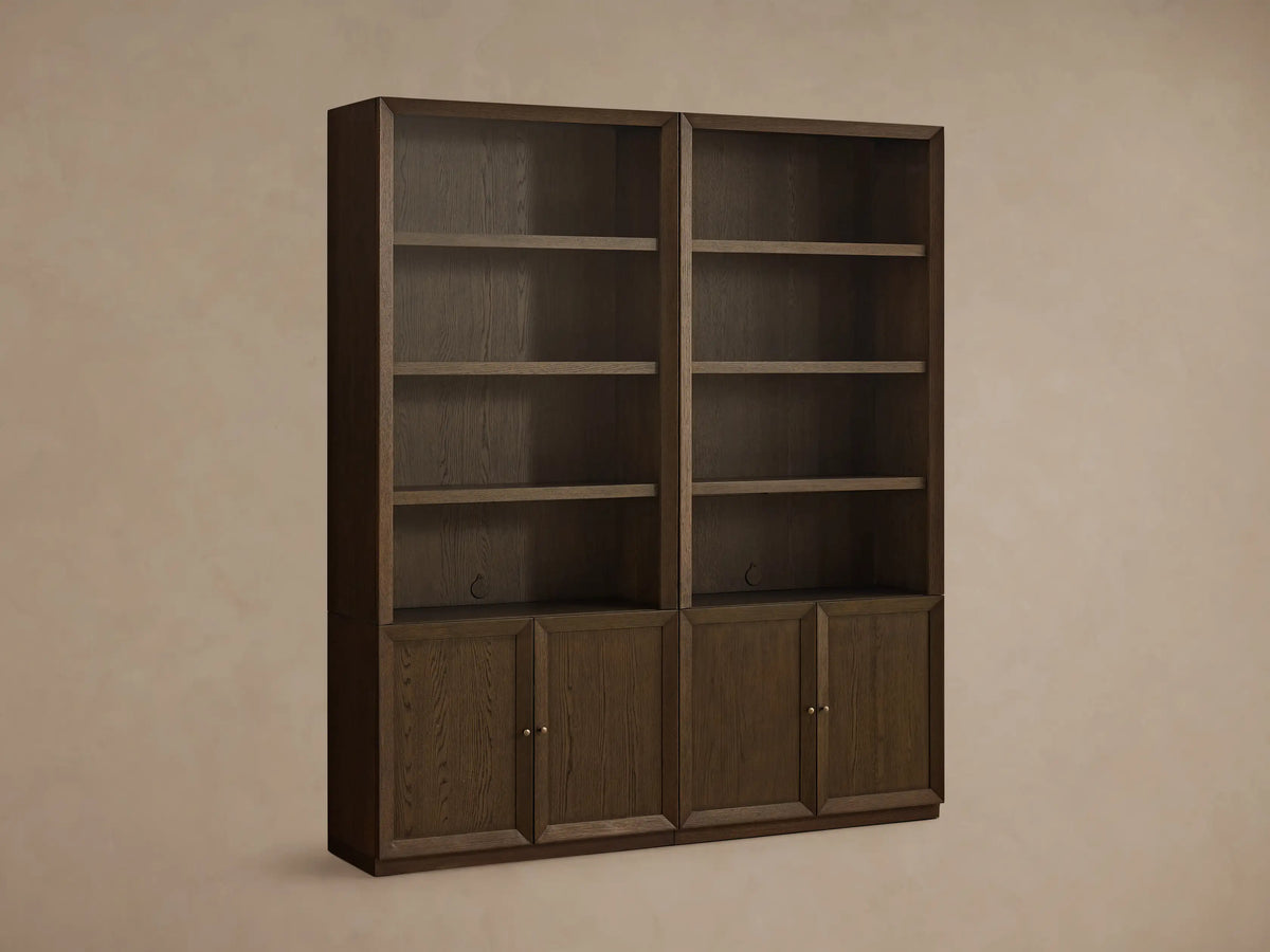 Nason Modular Hutch Cabinet in dark mocha oak. Two units, each with 4 open shelves & 2 lower cabinets with aged nickel handles.