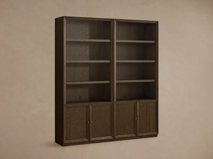 Nason Modular Hutch Cabinet in dark mocha oak. Two units, each with 4 open shelves & 2 lower cabinets with aged nickel handles.