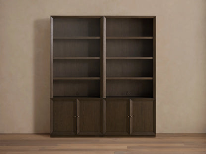 Nason Modular Hutch Cabinet in Mocha finish. Two dark oak units with open shelving & lower cabinet doors against a light wall.