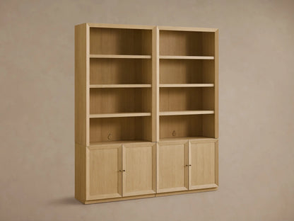 Two Nason Modular Hutch Cabinets, light white oak. Each unit has open shelves above a two-door cabinet with aged nickel pulls. Cord management holes.