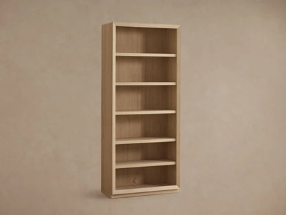 Close-up of Nason Modular Bookcase shelf, light white oak with grain, glowing recessed LED side lighting.