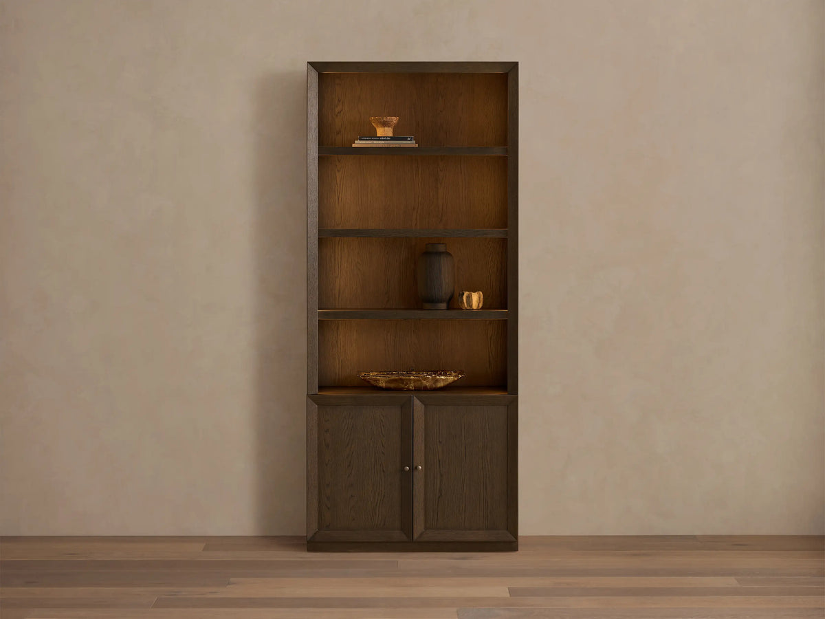 Dark mocha Nason Modular Hutch Cabinet, open shelves with decor, two closed doors with aged nickel pulls.