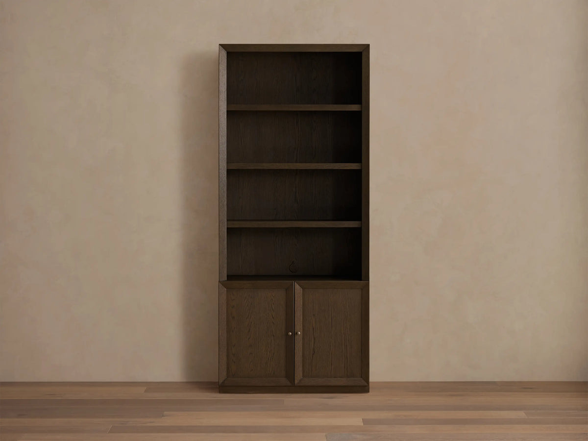 Dark mocha Nason Modular Hutch Cabinet. Three open shelves above a two-door cabinet with aged nickel handles, on wood floor.