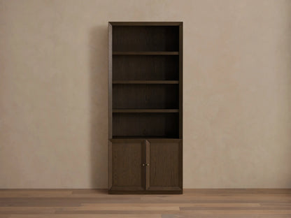 Dark mocha Nason Modular Hutch Cabinet. Three open shelves above a two-door cabinet with aged nickel handles, on wood floor.
