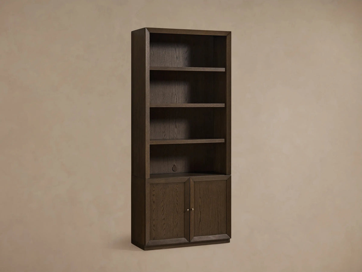 Nason Modular Hutch Cabinet, dark mocha oak, 4 open shelves, 2 lower cabinet doors with aged nickel pulls.