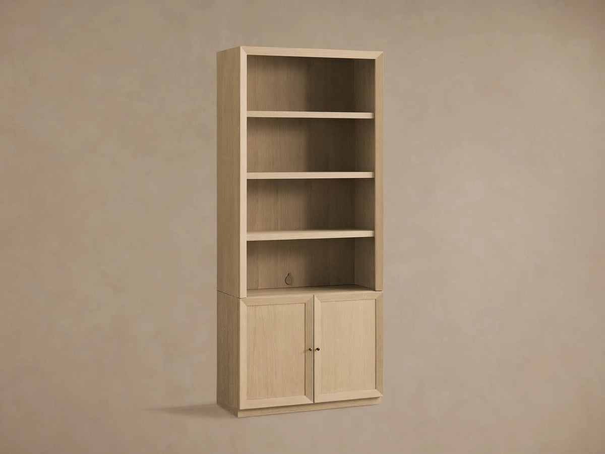 Nason Modular Hutch Cabinet in sand-finished white oak, featuring open shelves above closed cabinet doors with aged nickel handles.