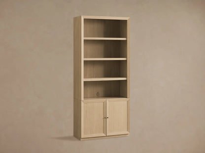 Nason Modular Hutch Cabinet in sand-finished white oak, featuring open shelves above closed cabinet doors with aged nickel handles.
