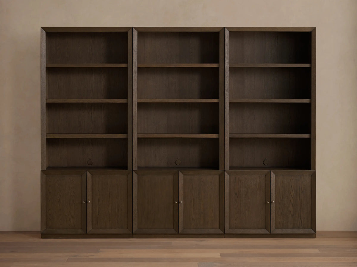 Three Nason Modular Hutch Cabinets, dark brown Mocha finish. Each has open shelves above, two-door cabinets below, aged nickel handles.