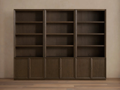 Three Nason Modular Hutch Cabinets, dark brown Mocha finish. Each has open shelves above, two-door cabinets below, aged nickel handles.