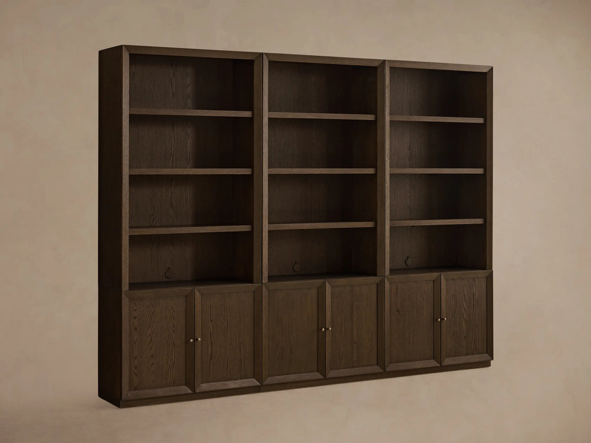 Dark mocha Nason Modular Hutch Cabinet, 3 sections with open shelves over lower cabinets, aged nickel handles & cord holes.